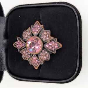 La Vintage Pink and Bronze Stunning Statement Floral Crystal Ring Size 6